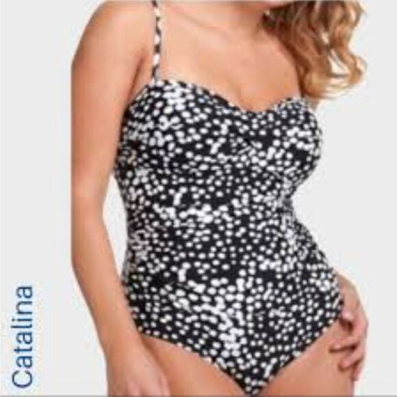 Catalina Blk w/White Gathered One Piece Swimsuit - Picture 1 of 8